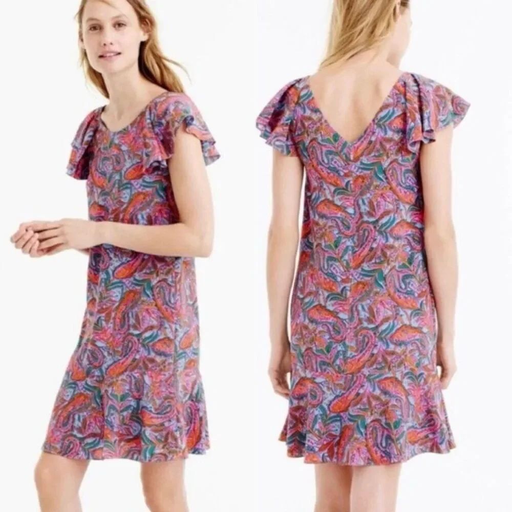 J Crew Womens Silk Dress Size 2 Lined Paisley Print Ruffle Sleeves & Hem